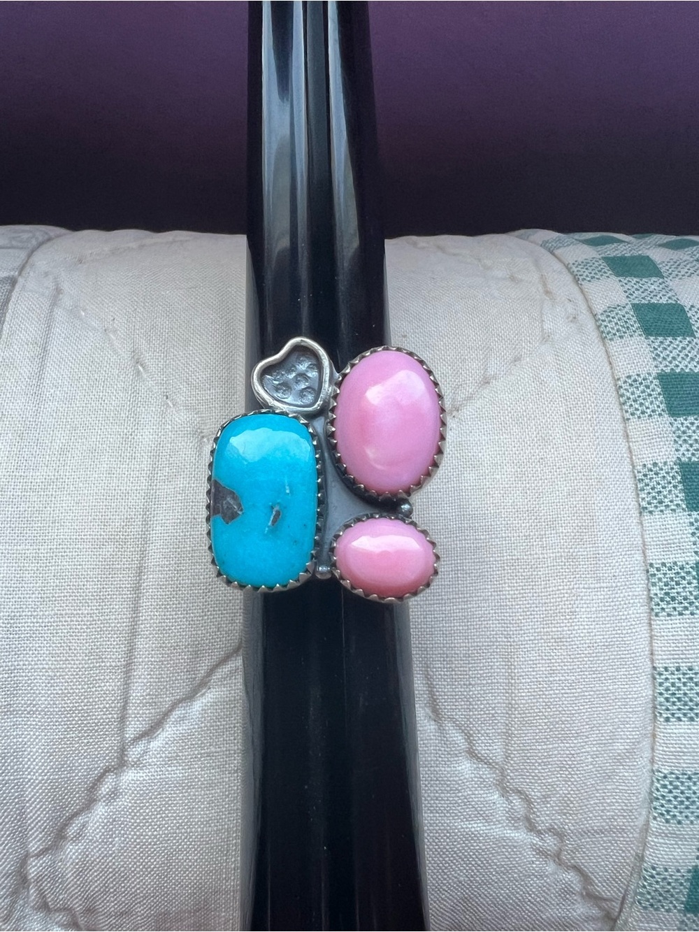 Sterling Southwestern, turquoise and pink conch ring